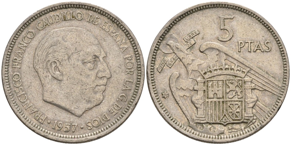 Испания 5 песет 1957 (72) Франсиско Франко (1939 - 1975) KM 786 медно-никель 4155-556
