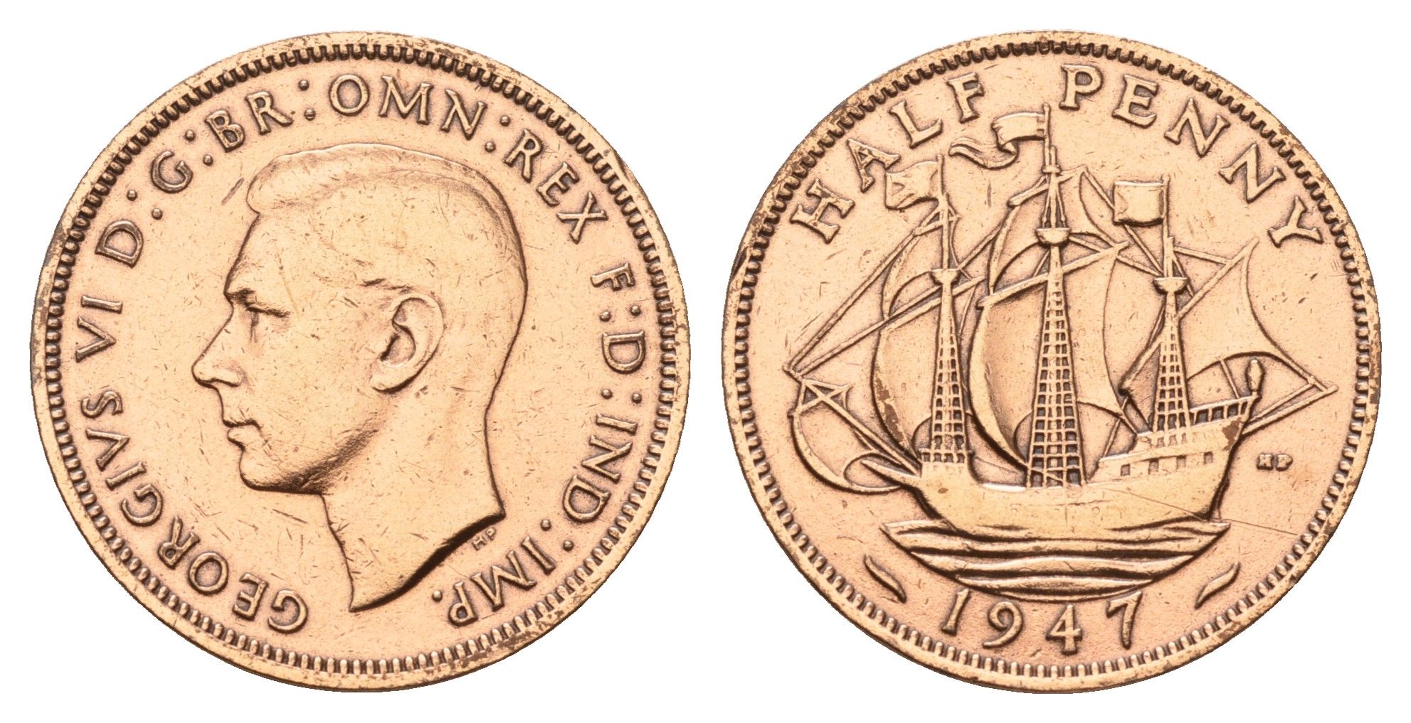 Великобритания 1/2 пенни 1947 Георг VI (1936-1952) KM 844, Spink 4115 бронза 4629-244