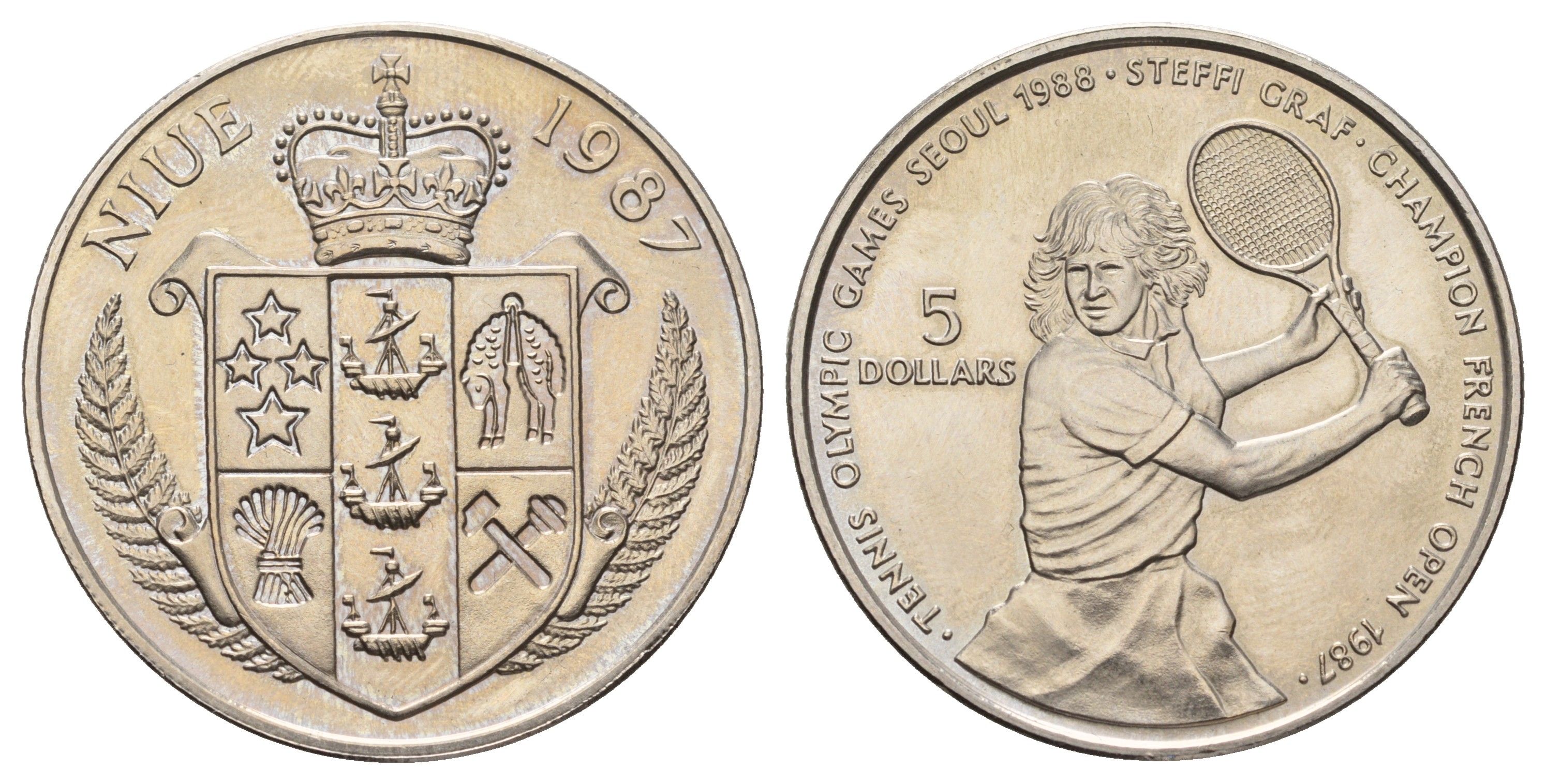 Ниуэ 5 долларов 1987 XXIV летние Олимпийские Игры, Сеул 1988 - Теннис, Штеффи Граф KM 5 медно-никель BU 4677-714