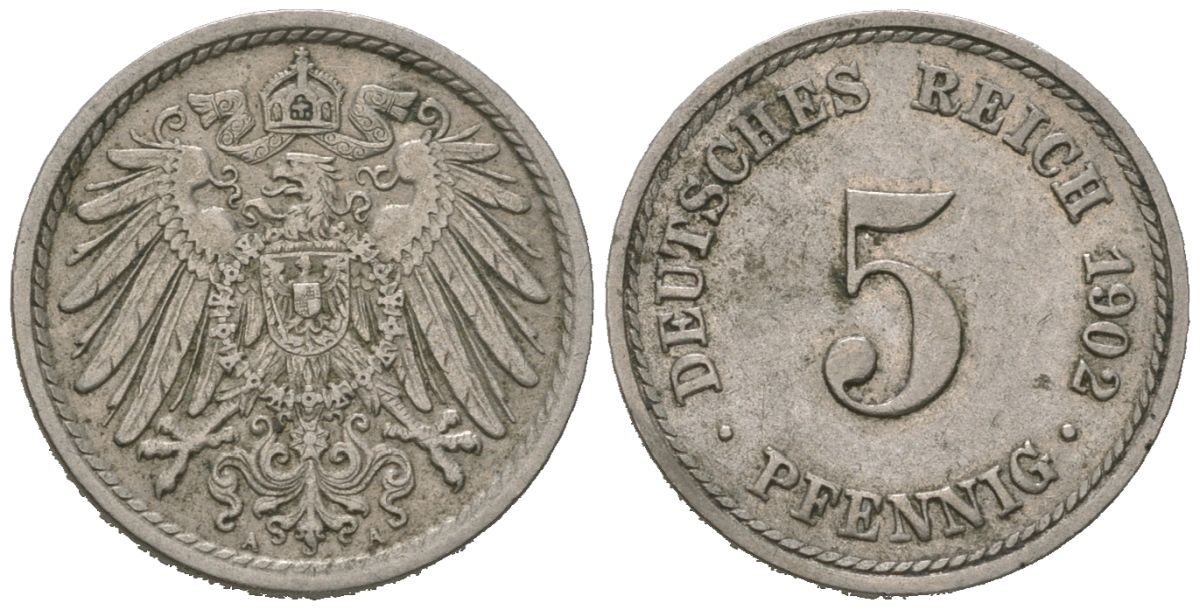 Германия 5 пфеннигов 1902 KM 11, J. 12 медно-никель 188-128