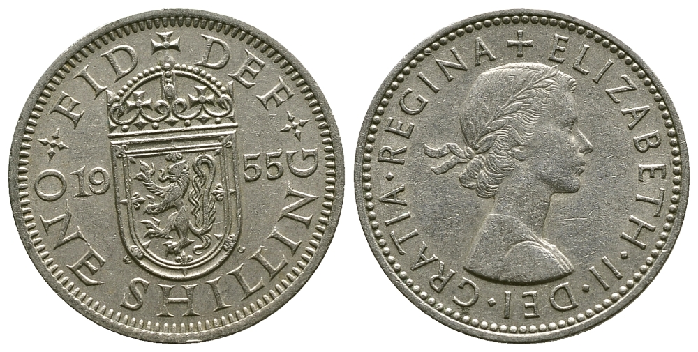 Великобритания 1 шиллинг 1955 Елизавета II (1952-2022), Шотландский герб KM 905, Spink 4148 медно-никель 4384-555