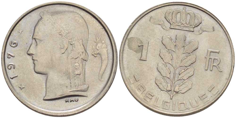 БЕЛЬГИЯ 1 ФРАНК 1976 BELGIQUE, БОДУЭН I (1951-1993) KM 142.1 медно-никель 202-1111