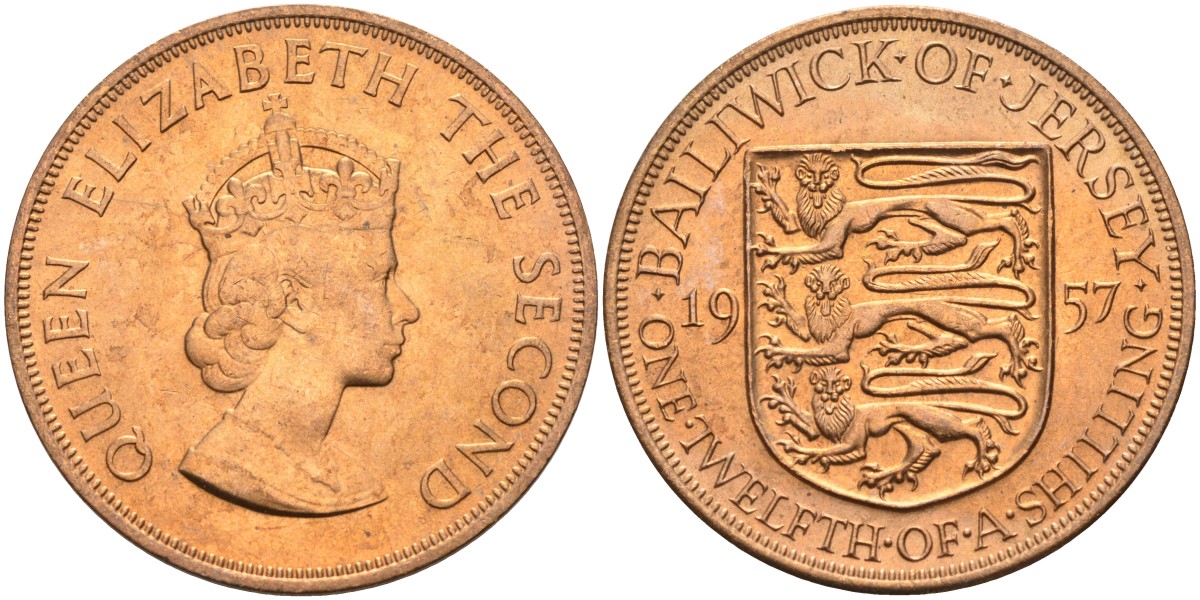 Джерси 1/12 шиллинга 1957 Елизавета II (1952-2022) KM 21 бронза aUNC 4367-322