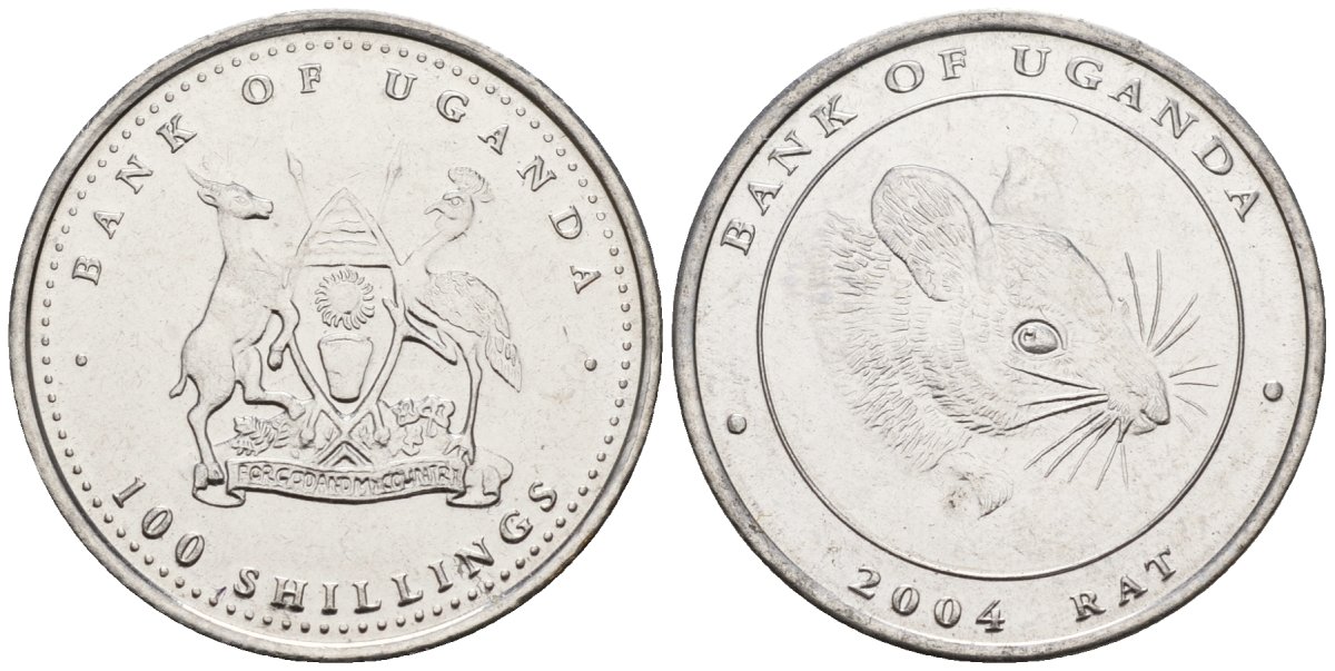 Уганда 100 шиллингов 2004 серия лунный календарь, год крысы KM 144 сталь UNC M57-18