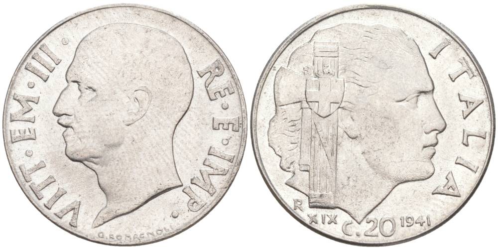 ИТАЛИЯ 20 ЧЕНТЕЗИМО 1941 R, ГОД XIX, ВИКТОР ЭММАНУИЛ III (1900-1946) KM 75b, VEM3. 1028 нержавеющая сталь 3853-1057