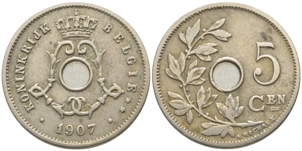 БЕЛЬГИЯ 5 САНТИМОВ 1907 BELGIE KM 55 медно-никель 112-226