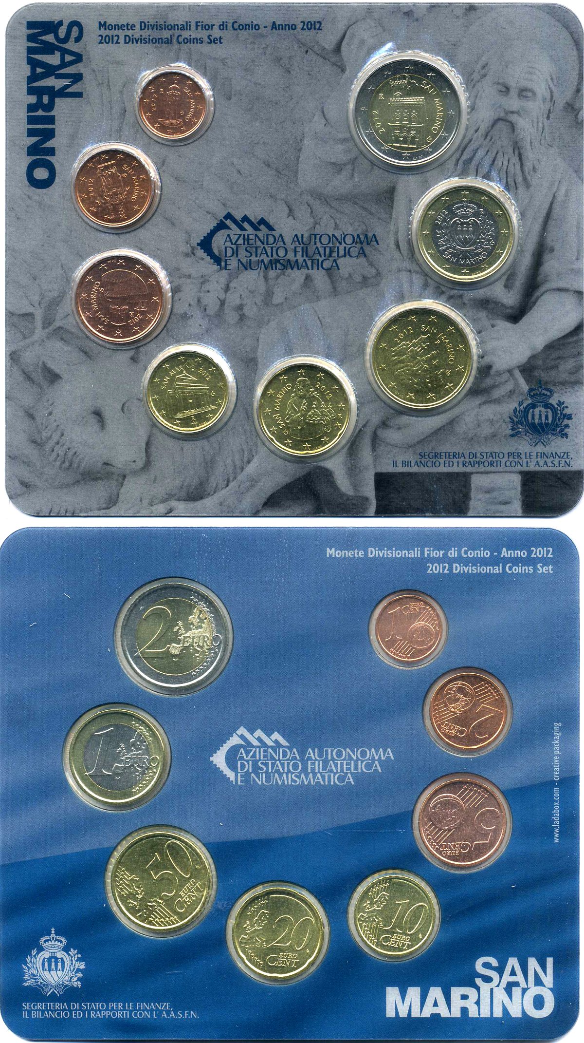 Сан-Марино евронабор из 8 монет 2012 1, 2, 5, 10, 20, 50 евроцентов, 1, 2 евро, пластик, запайка, буклет BUNC 4-5-3-21