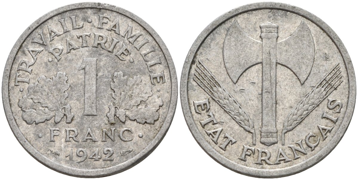Франция 1 франк 1942 LB, тип Lourde, правительство Виши KM 902.1, Le Franc 222.2 алюминий 4142-921