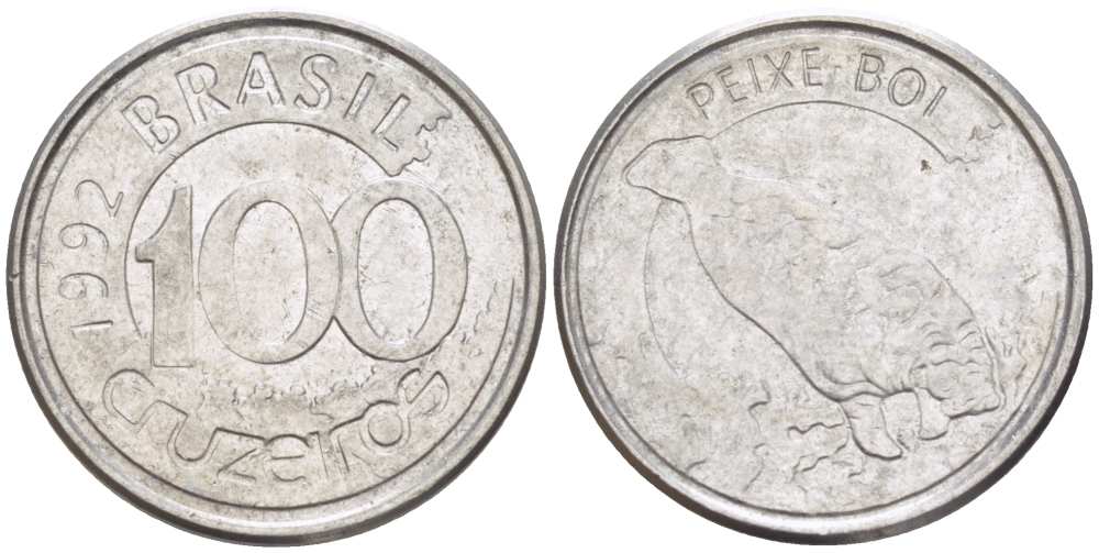 БРАЗИЛИЯ 100 КРУЗЕЙРО 1992 РЕФОРМА 1990-1993, ЛАМАНТИН KM 623 нержавеющая сталь 4387-348