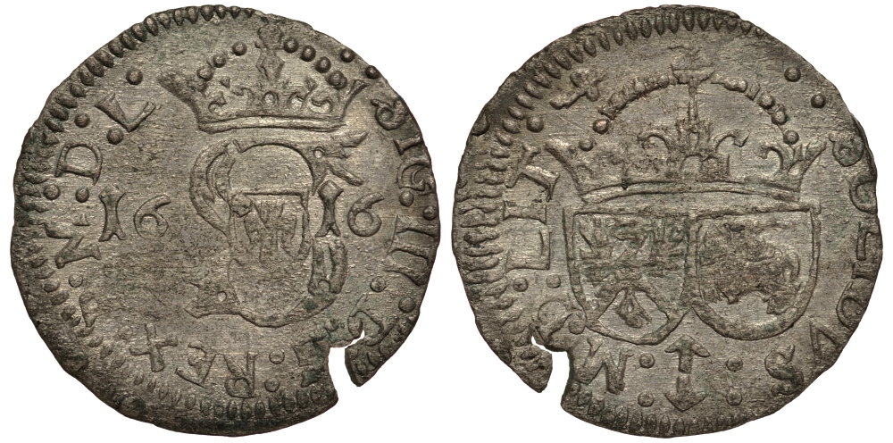 Польша 1 шиллинг (шеляг) 1616 Сигизмунд III (1587-1632), вес 0,79 гр. KM 16.2 серебро 1516-1543