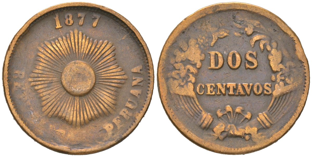 Перу 2 сентаво 1877 KM 188.1a бронза 4582-1025
