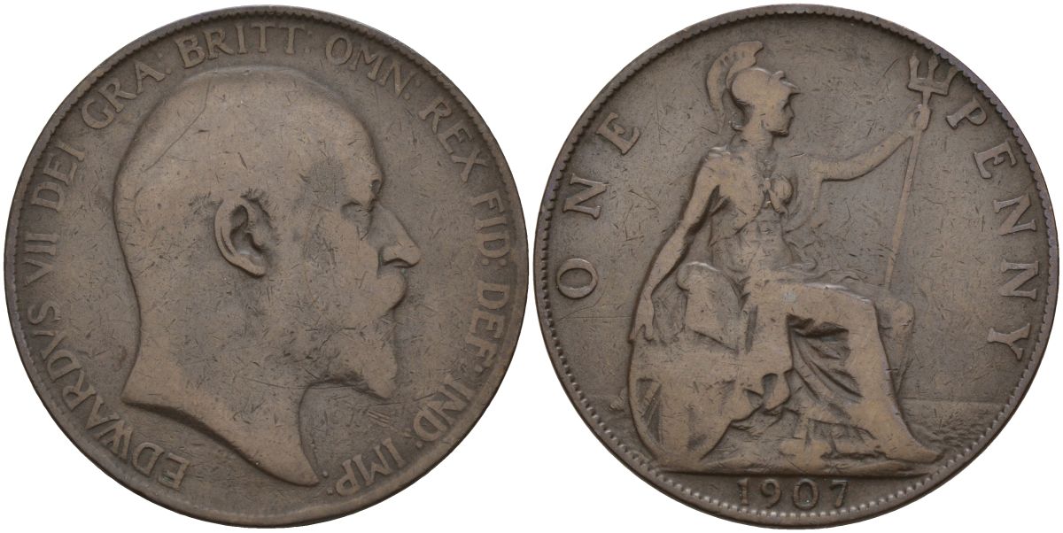Великобритания 1 пенни 1907 Эдуард VII (1901-1910) KM 794.2, Sp 3990 бронза 4149-643