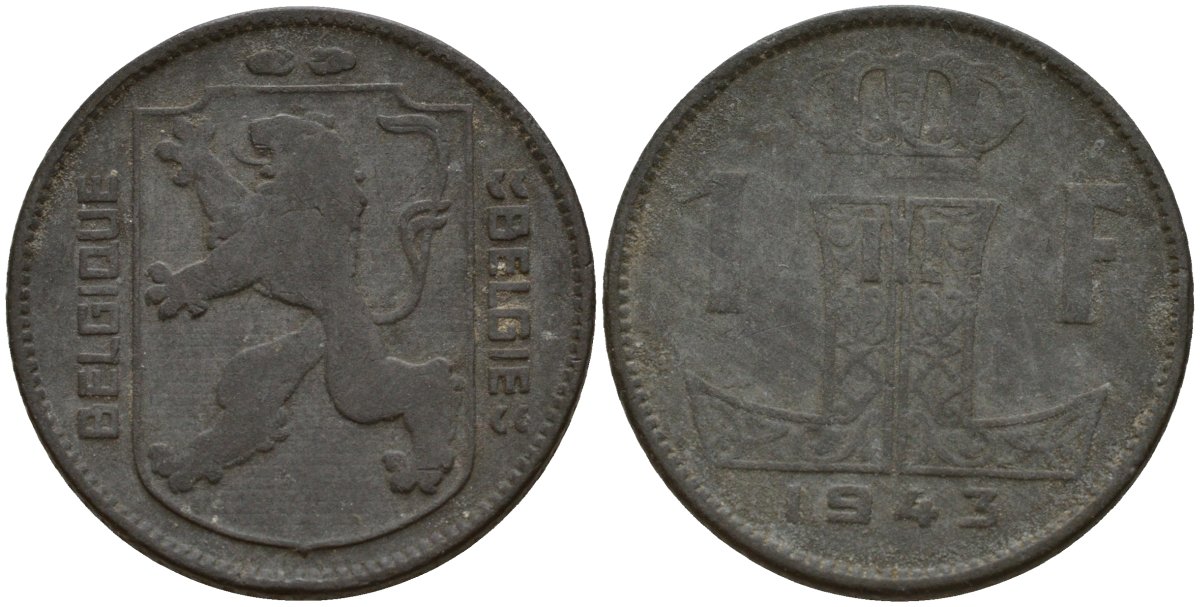 Бельгия 1 франк 1943 Belgique - Belgie, Леопольд III (1934-1947), германская оккупация, Вторая мировая война KM 127 цинк 4161-525