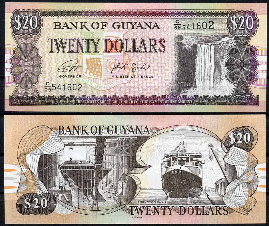 Гайана 20 долларов ND (1996-2018) водопад Кайетур, судостроение, паромное судно "Малали" Pick 30 g  бумага  UNC (пресс) 447-36-2-2