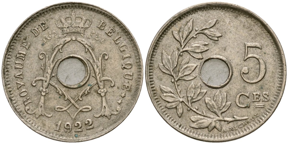 Бельгия 5 сантимов 1922 Belgique KM 66 медно-никель 4136-468