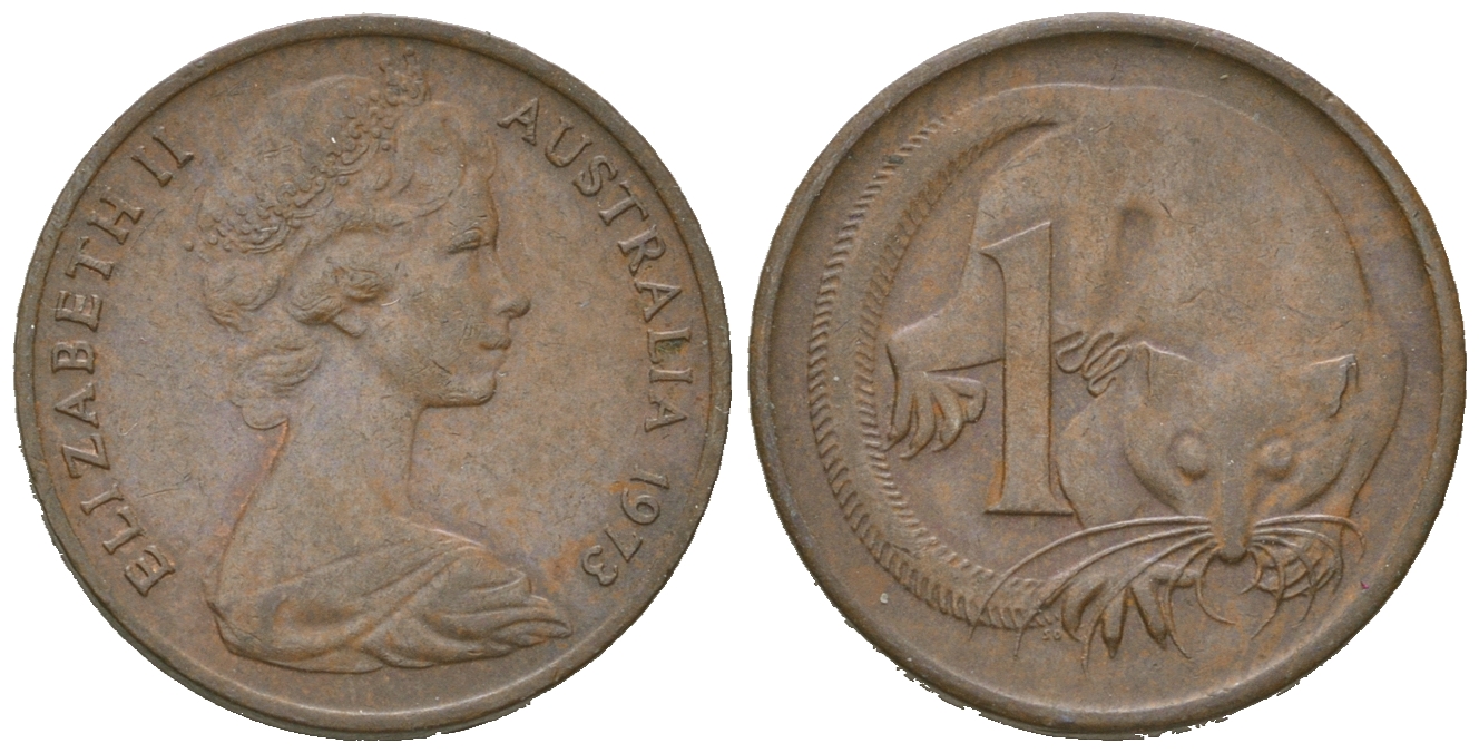 Австралия 1 цент 1973 Елизавета II (1952-2022), молодой портрет, опоссум KM 62 бронза 4679-959