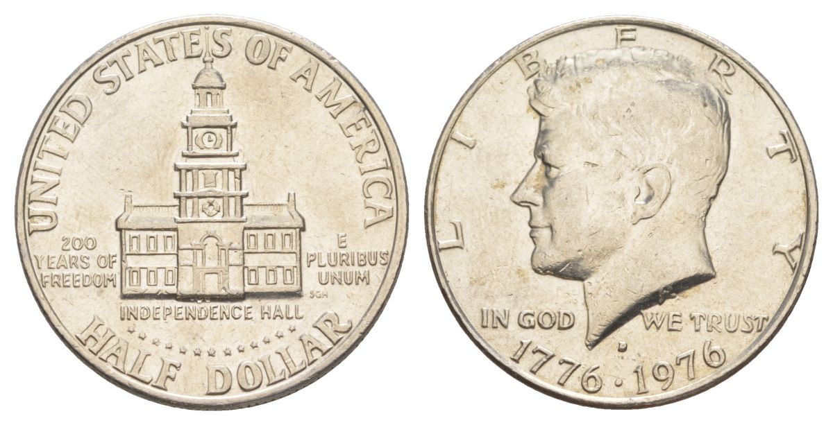 США 1/2 доллара (50 центов) 1976 D, 200 лет независимости, Джон Кеннеди KM 205 медь плакированная медно-никелем aUNC 4545-1046