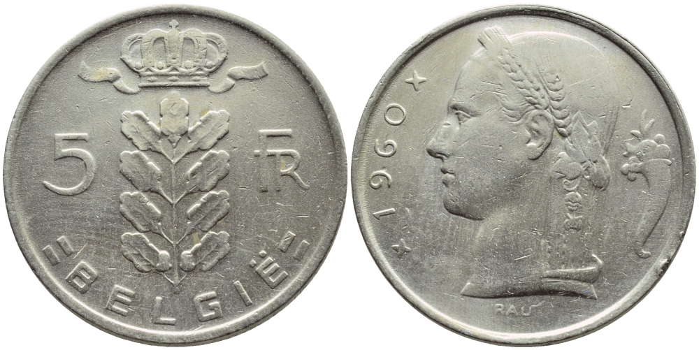 Бельгия 5 франков 1960 Belgie, Бодуэн I (1951-1993) KM 135.1 медно-никель 3999-841