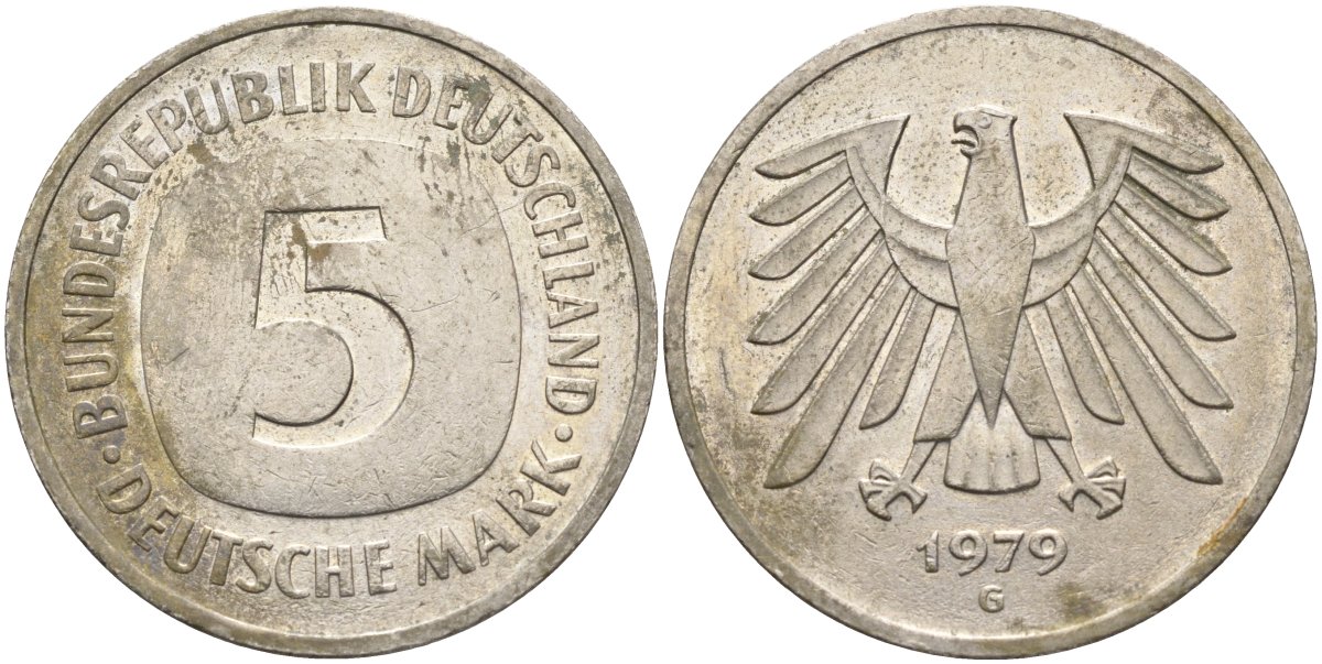 ФРГ 5 марок 1979 G KM 140.1, J.415 никель покрытый медно-никелем 4139-122