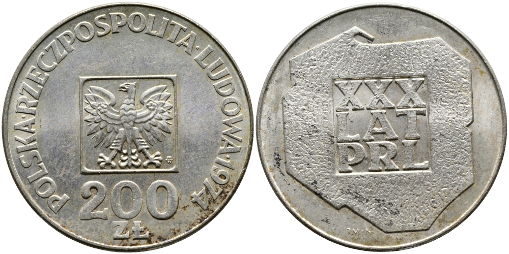 Польша 200 злотых 1974 MW, 30 лет Народной Республике KM 72, Parchimowicz 304а серебро UNC 441-1322
