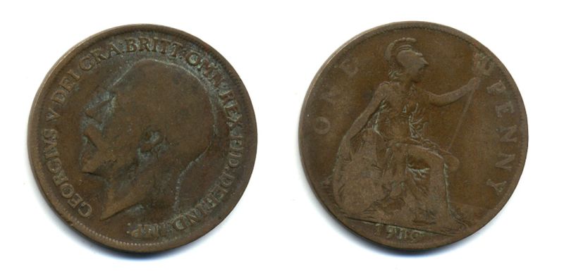 Великобритания 1 пенни 1919 Георг V (1910-1936) KM 810, Spink 4051 бронза 47-214