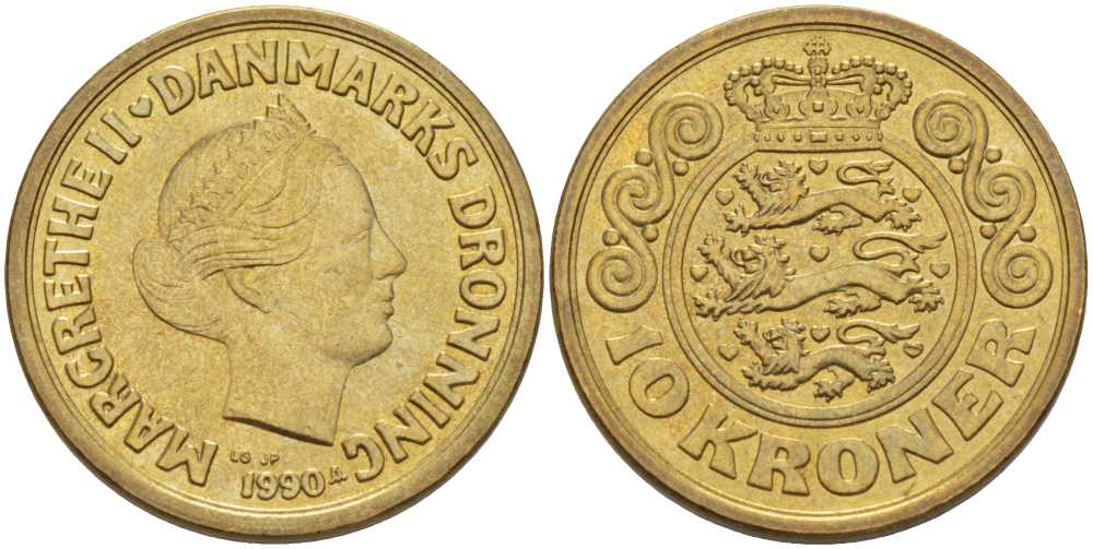 ДАНИЯ 10 КРОН 1990 LG; JP; A, МАРГРЕТЕ II (1972-) KM 867.2 алюминиевая бронза 202-842