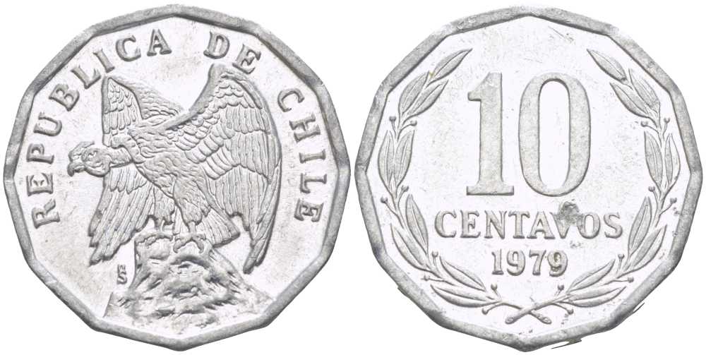 Чили 10 сентаво 1979 KM 205a алюминий 4402-424