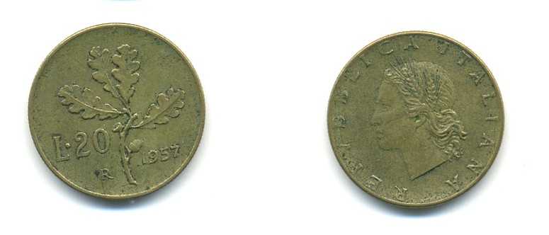 ИТАЛИЯ 20 ЛИР 1957 R, ДУБОВЫЙ ЛИСТ KM 97.1 алюминиевая бронза 80-1236