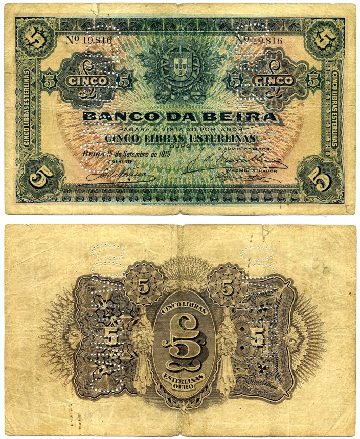 Мозамбик, Португальский 5 либрас эстерлинг (фунтов стерлингов) 1919 15 СЕНТЯБРЯ 1919, OURO, ПЕРФОРАЦИЯ CANCELADO Pick R8b бумага 6267-7-2