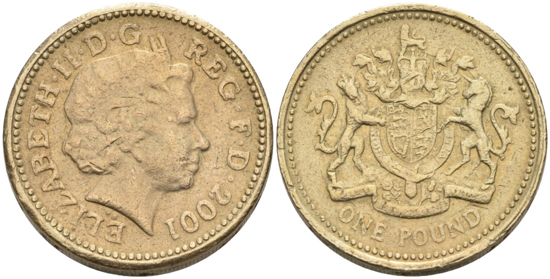 Англия 1 фунт 2001 КОРОЛЕВСКИЙ БРИТАНСКИЙ ГЕРБ KM 993, Spink 4590 никель латунь 88-446
