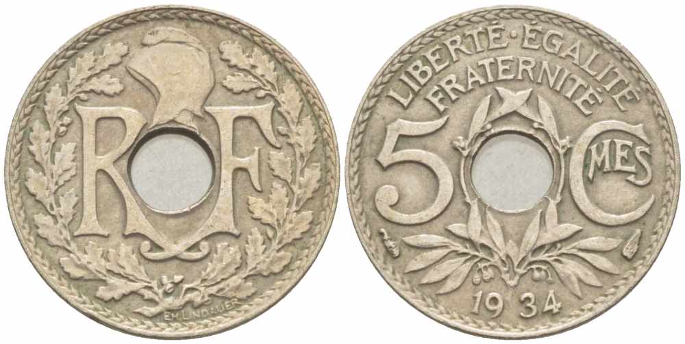 ФРАНЦИЯ 5 САНТИМОВ 1934 ТИП ЛИНДАЙЁ KM 875, LE FRANC 122.17 медно-никель 105-363