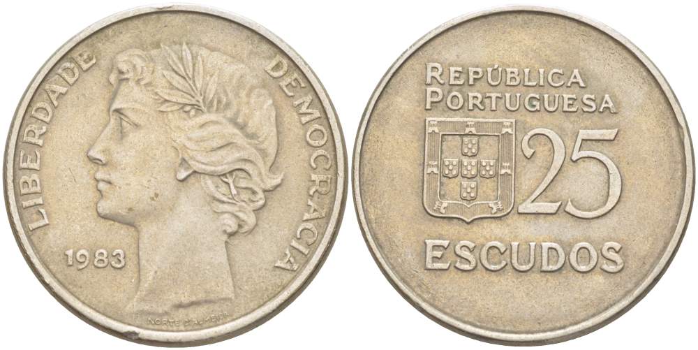ПОРТУГАЛИЯ 25 ЭСКУДО 1983 KM 607а медно-никель 4521-1234