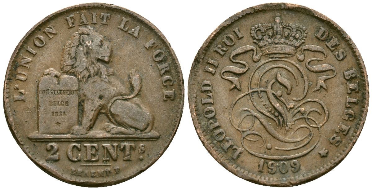 Бельгия 2 сантима 1909 KM 35 медь 4177-1051