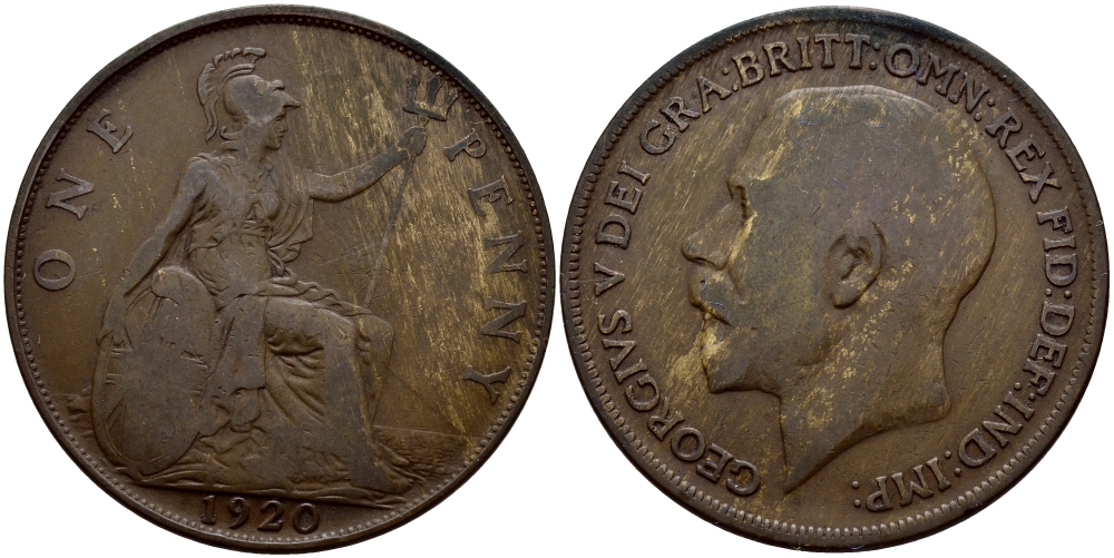 Великобритания 1 пенни 1920 Георг V (1910-1936) KM 810, Spink 4051 бронза 4389-122