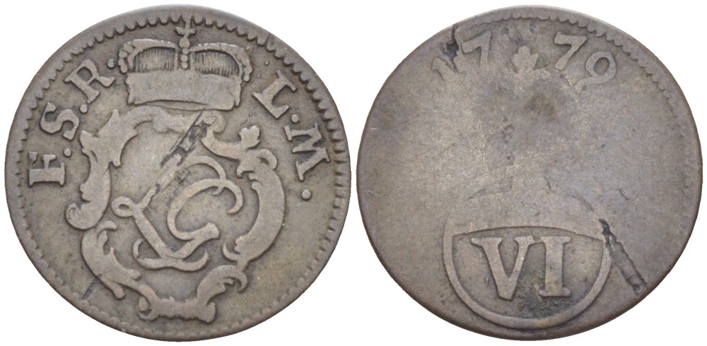 Шварцбург-Рудольштадт 6 пфеннигов 1779 F.S.R. L.M KM 34 серебро 1520-525