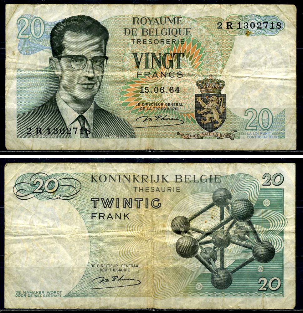 Бельгия 20 франков 1964 Бодуэн I, атомиум, d Haeze Pick 138 (1) бумага 6299-44-1-2