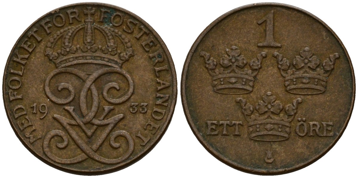 Швеция 1 эре 1933 Густав V (1907-1950) KM 777.2 бронза 4154-735