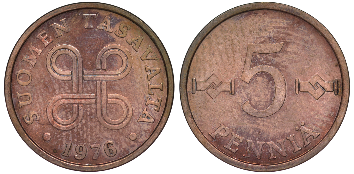 ФИНЛЯНДИЯ 5 ПЕННИ 1976 KM 45 медь UNC 3334-1059