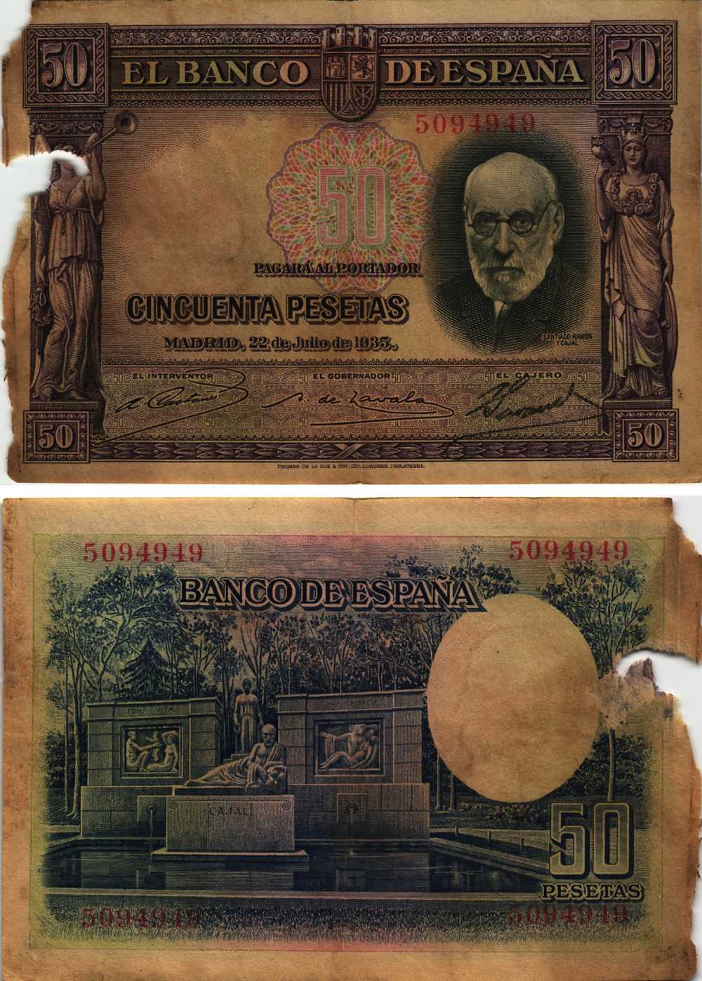 ИСПАНИЯ 50 ПЕСЕТ 1935 МАДРИД, 25 ИЮЛЯ 1935, САНТЬЯГО РАМОН-и-КАХАЛЬ (1852-1934), №5094949 Pick 88 бумага 8609-31-1-2