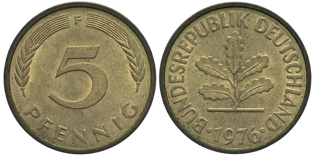 ФРГ 5 ПФЕННИГОВ 1976 F KM 107, Jager 382 сталь плакированная латунью 4547-753