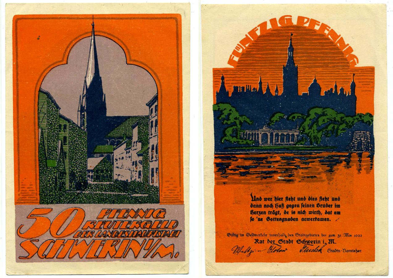 Шверин 50 пфеннигов 1922 июнь 1922 - 31 мая 1922, нотгельд, земля Передняя Померания Grabowski 1214.1 бумага 2195-38-1-2