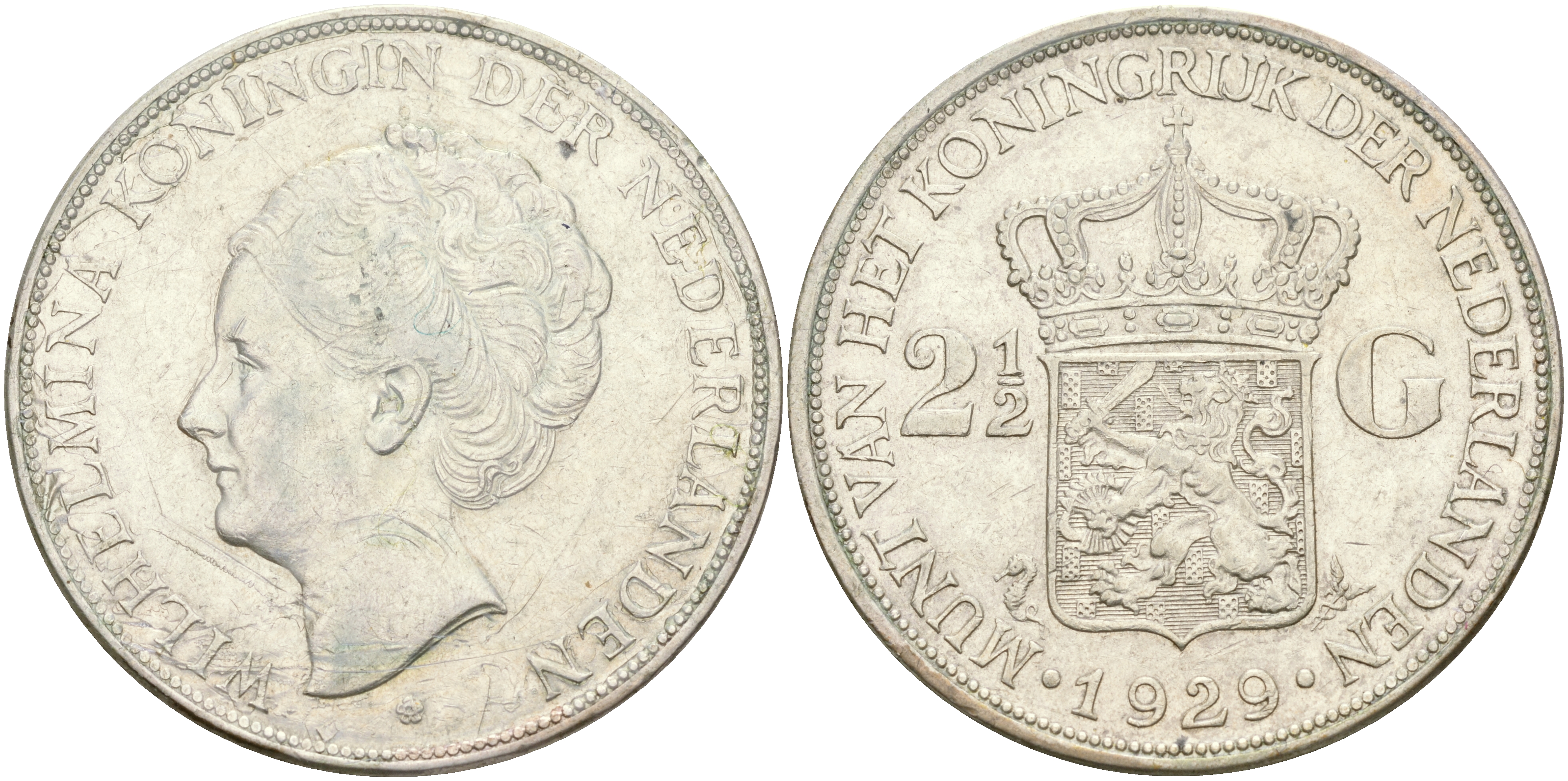 Нидерланды 2 1/2 гульдена 1929 Вильгельмина I (1890-1948), редкий год KM 165 серебро 00-1067-3-23