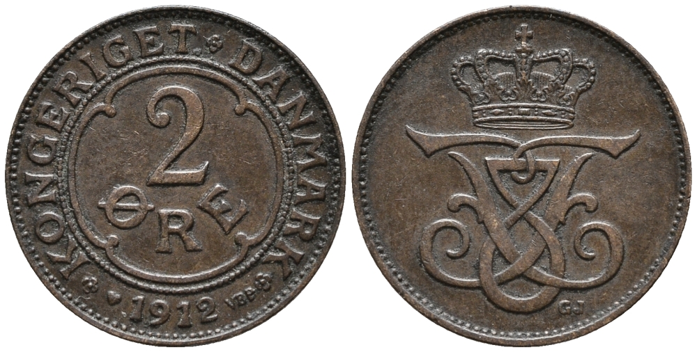 ДАНИЯ 2 ЭРЕ 1912 VBP; GJ, ФРЕДЕРИК VIII (1906-1912) KM 805 бронза 67-147