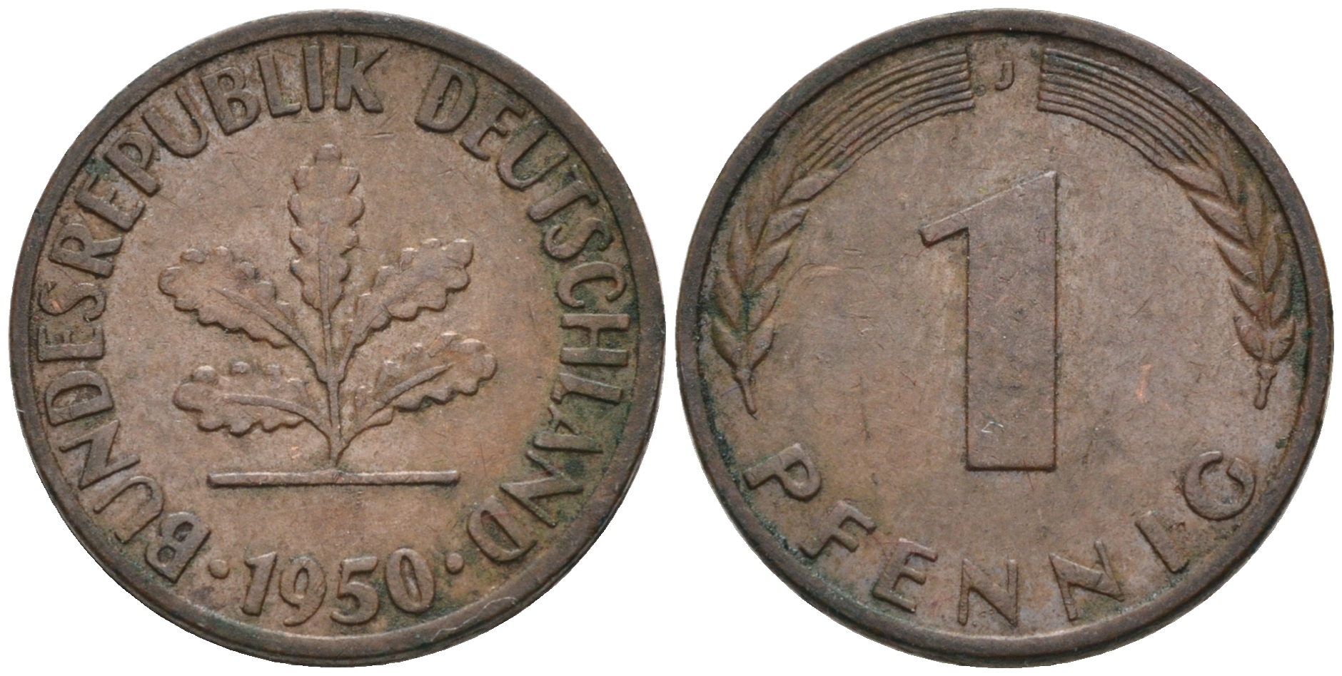 ФРГ 1 ПФЕННИГ 1950 J KM 105, J.380 сталь плакированная медью 75-416