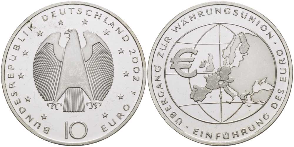 ФРГ 10 евро 2002 F, введение европейской валюты KM 215, DE.S. 10.1 серебро PROOF 1076-6-21
