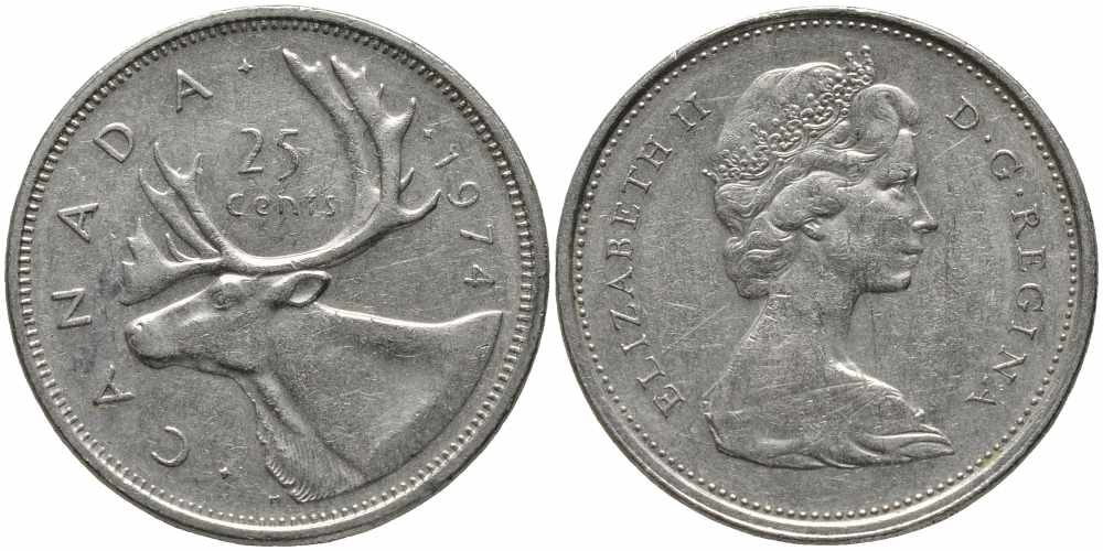 КАНАДА 25 ЦЕНТОВ 1974 ЕЛИЗАВЕТА II, ОЛЕНЬ KM 62b никель 87-1255