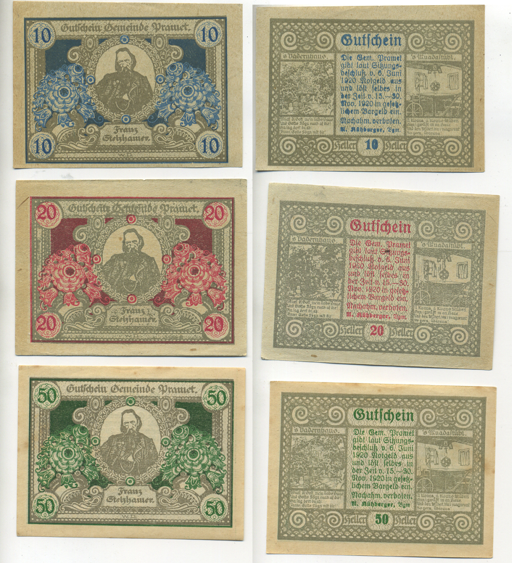 Австрия набор из 3 банкнот 1920 6 июня 1920-15 ноября 1920-30 ноября 1920, нотгельд, 10, 20, 50 геллеров, FRANZ STELZHAMER   бумага  XF 7555-9-1-2