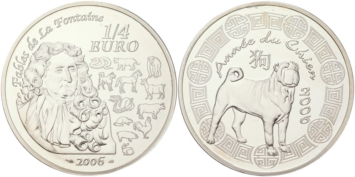 Франция 1/4 евро 2006 китайский гороскоп - год собаки KM 1415 серебро BU 11-057-32