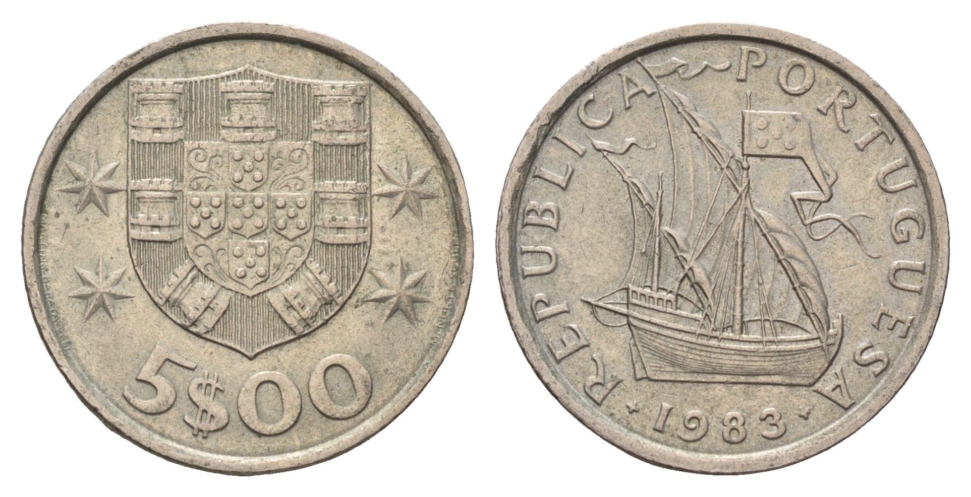 Португалия 5 эскудо 1983 парусник KM 591 медно-никель 4707-241