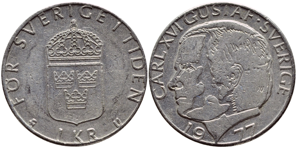 Швеция 1 крона 1977 Карл XVI Густав (1973- ) KM 852 медь плакированная медно-никелем 4397-824